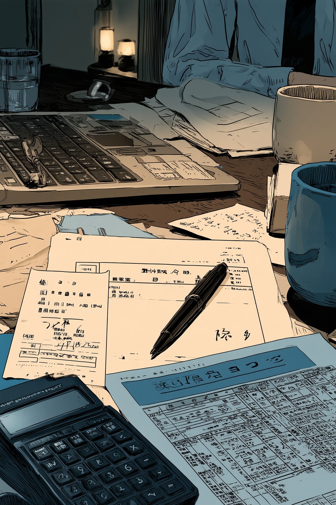 真上から見た食卓。運転免許証の再発行の控えの紙と、報告書の紙。紙の字は読めない線。