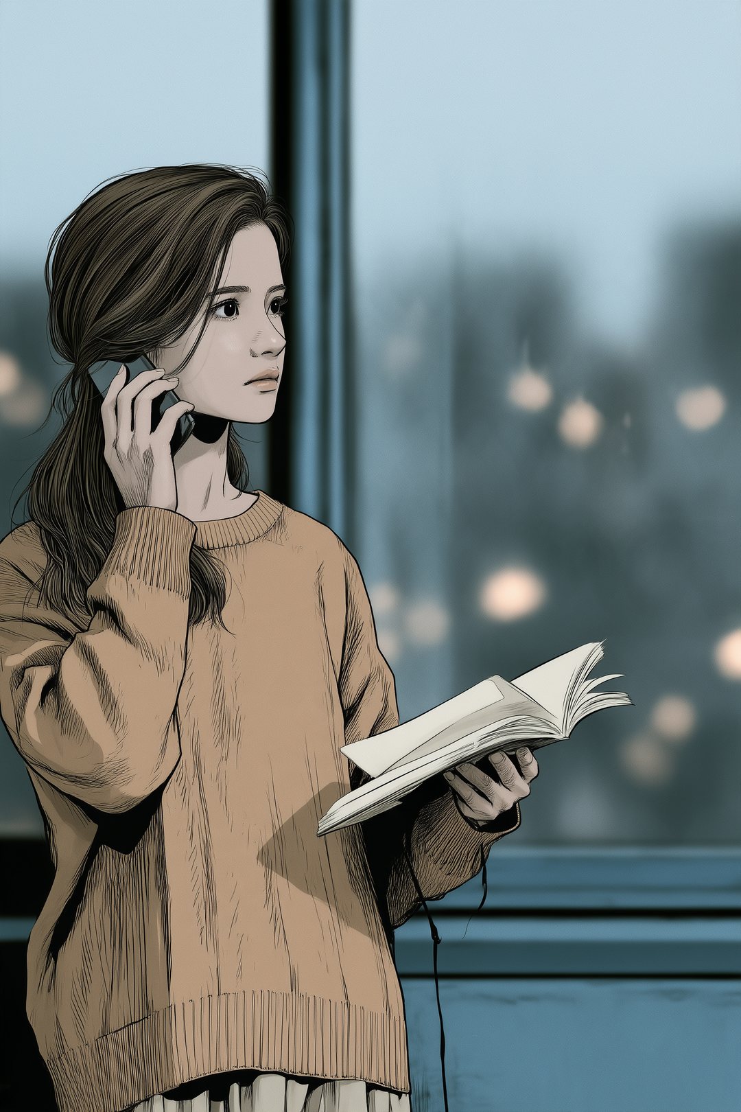 アパートの窓辺で、スマホを耳に当て、手帳を開いて話す小柄な女性。窓の外がぼける。