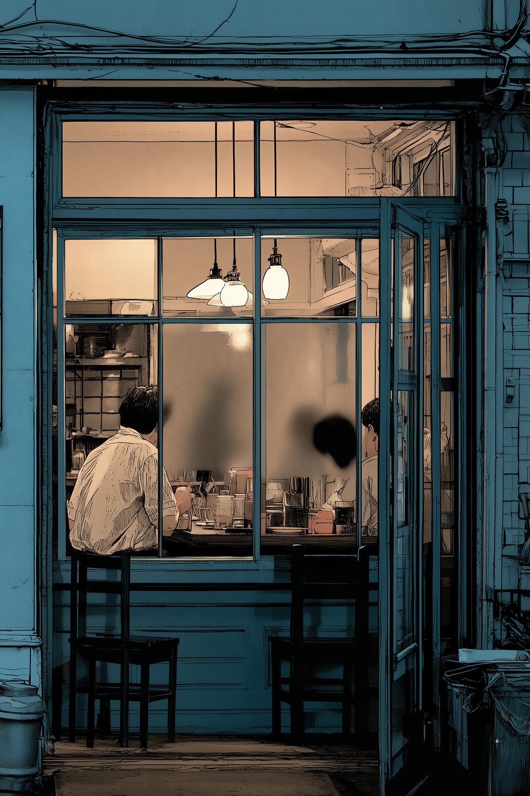 日曜の昼の駅前。小さな喫茶店の窓。ガラスの向こうに3人の人影がぼける。
