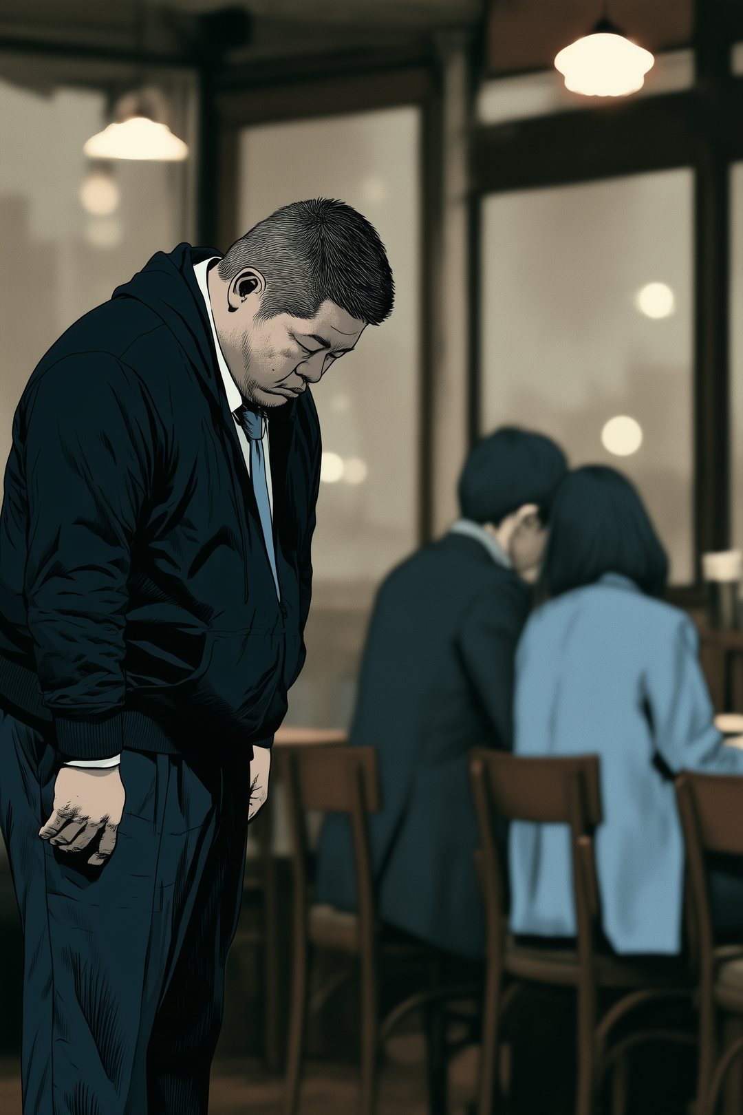 喫茶店の席。紺のパーカーの私服の丸顔の若い男性が、立ったまま深く頭を下げる。向かいの席に夫婦。