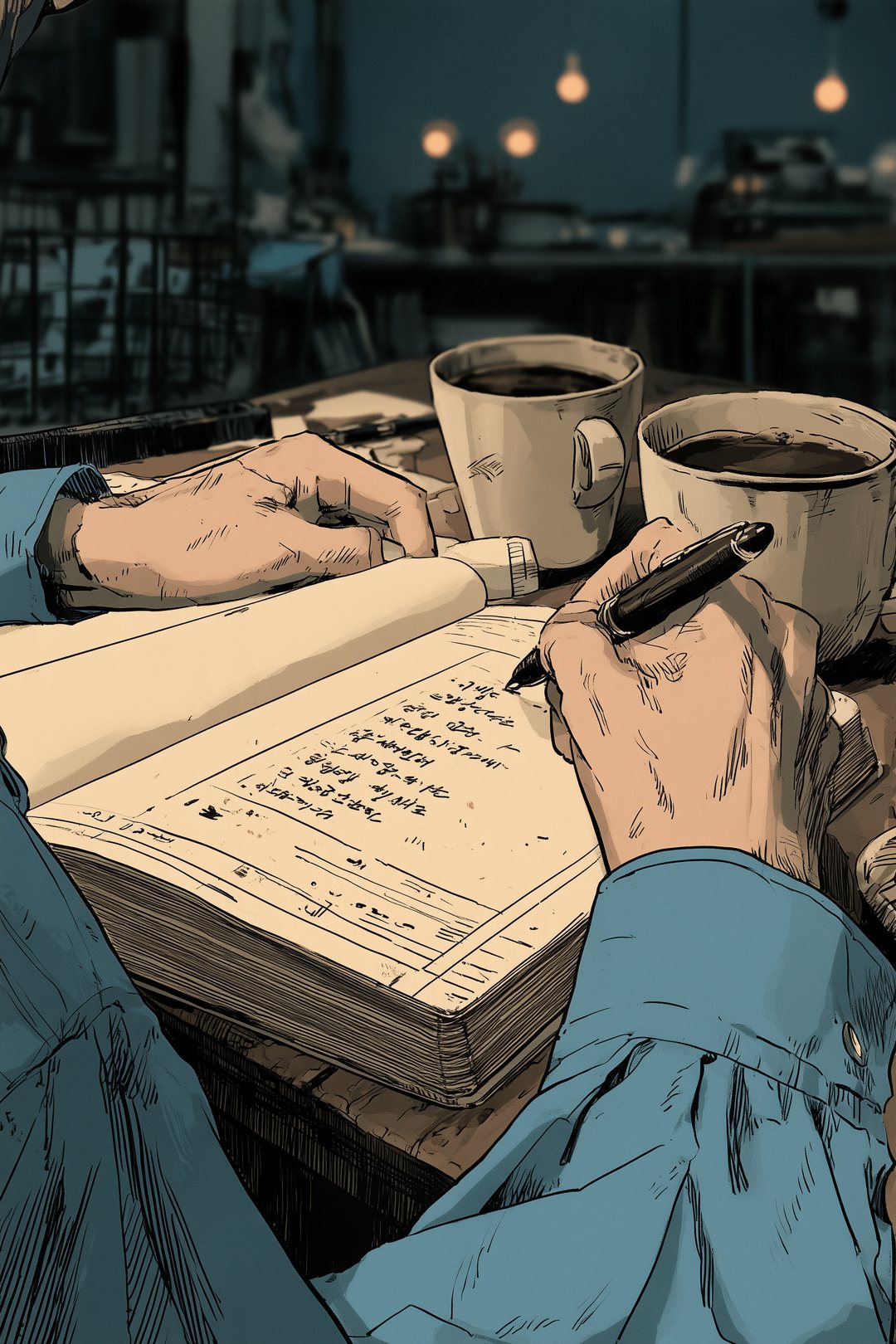真上から見た喫茶店の机。開いた分厚い手帳に、ペンで箇条書きを書く手。コーヒーの杯が2つ。字は読めない線。