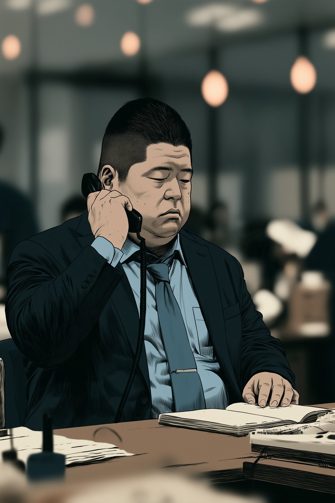 朝の支店の奥の机。受話器を耳に当て、もう片方の手で手帳を押さえる丸顔の若い男性。