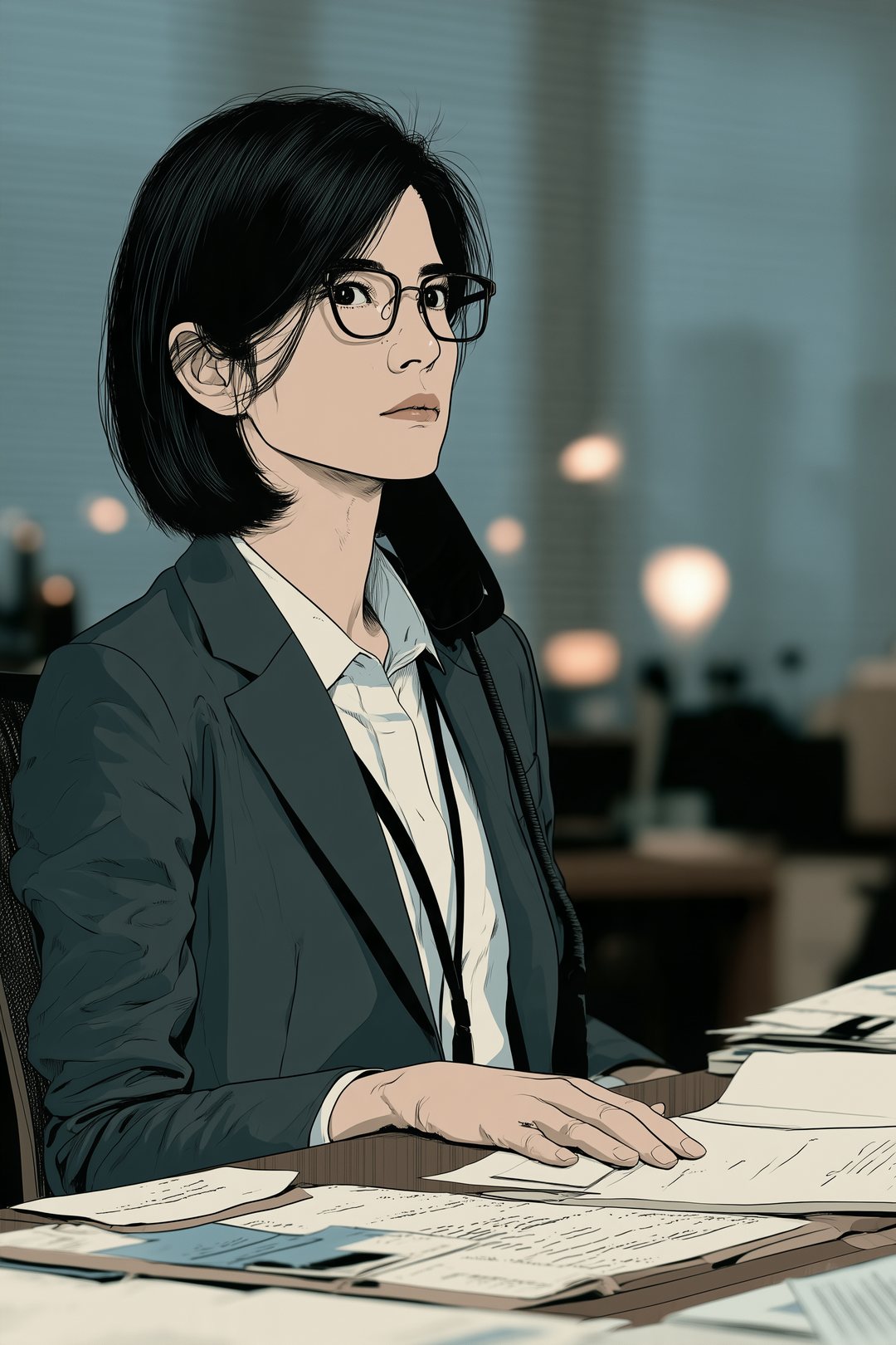 審査部の机。受話器を肩にはさみ、書類から目を上げる眼鏡の女性。ブラインドがぼける。