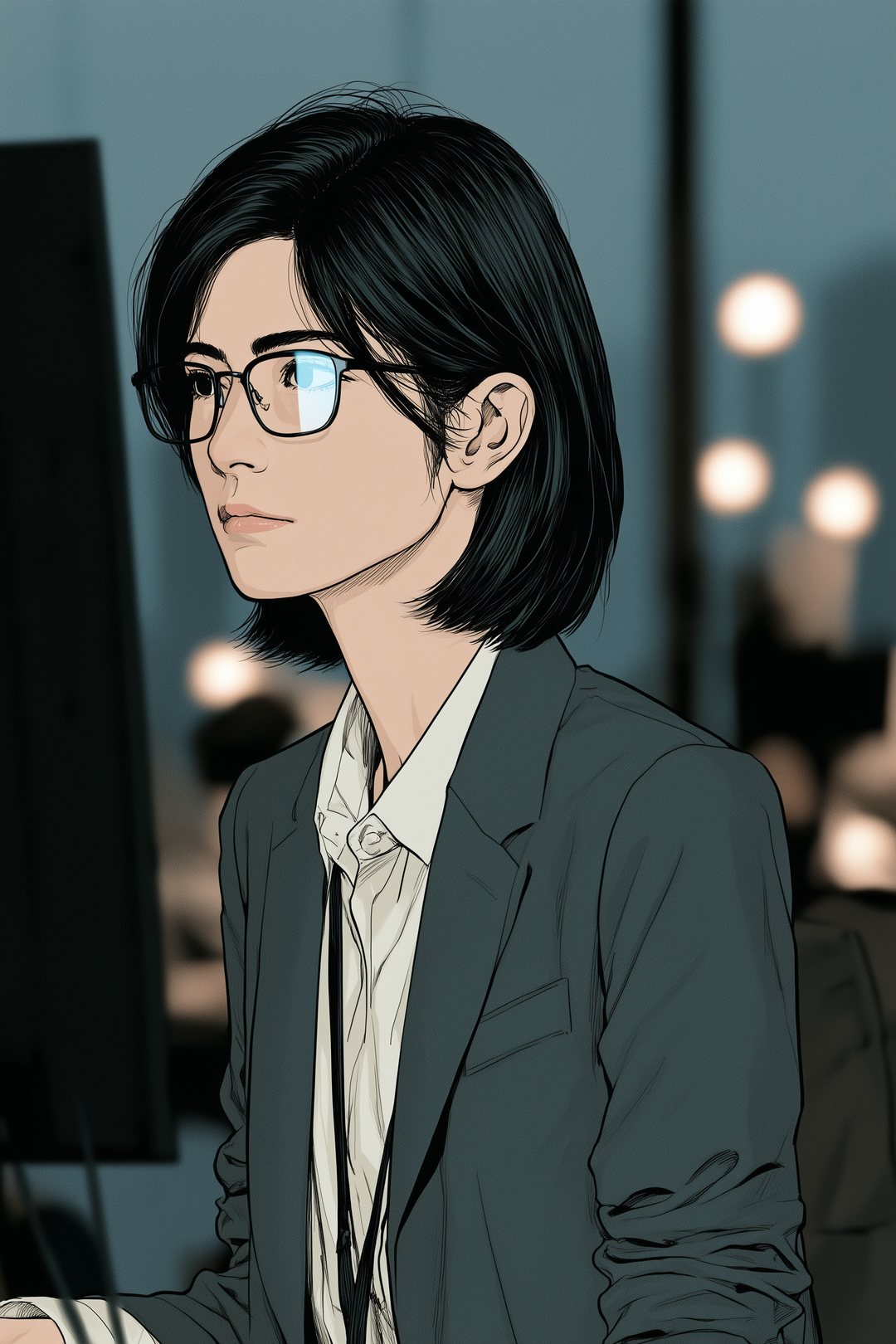 審査部の画面を見る眼鏡の女性。別の人の申込みの照会の結果の画面の光が、眼鏡に映る。