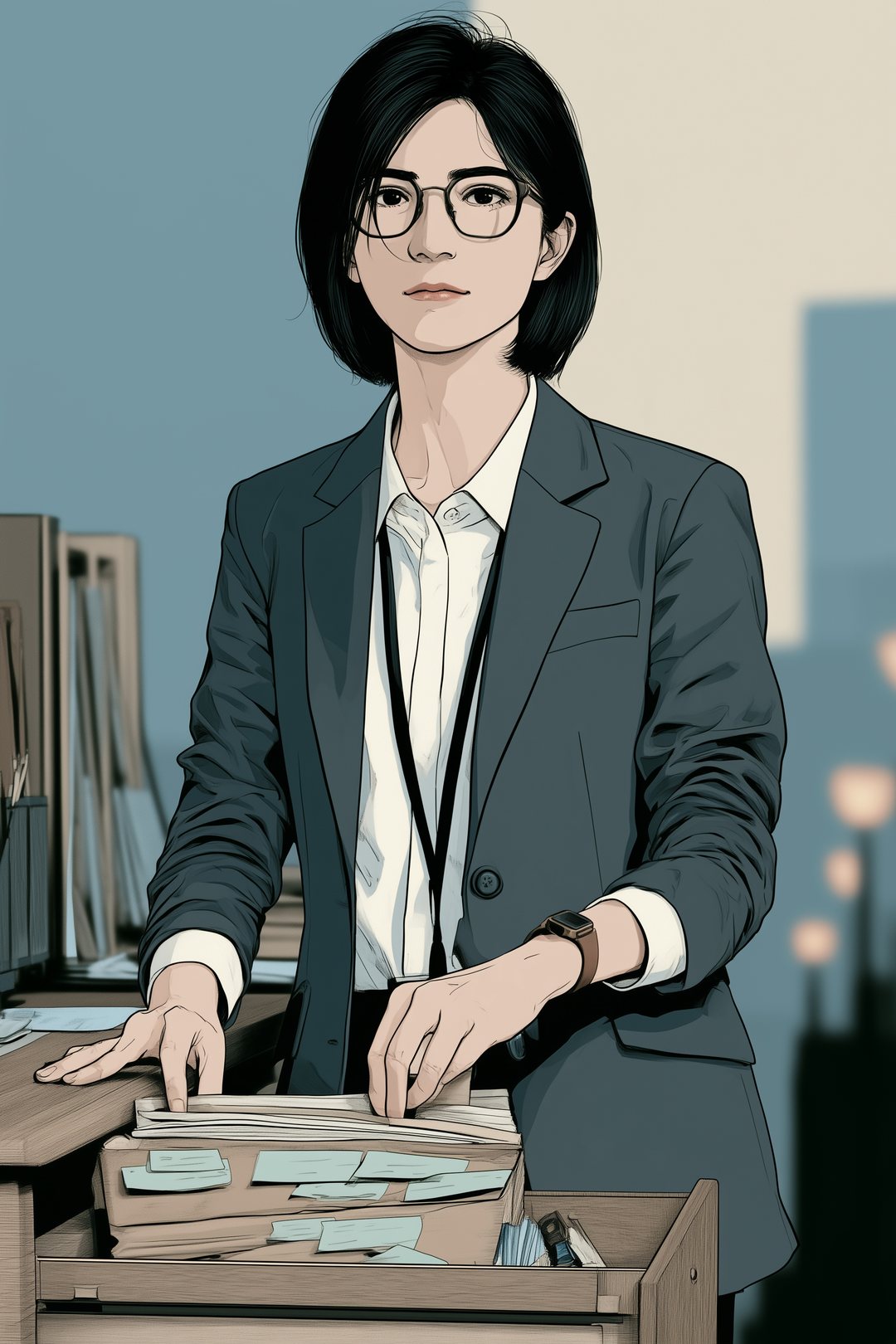 審査部の机の引き出しから、付箋の付いた稟議書の控えを半分引き出しかけて、手を止める指。