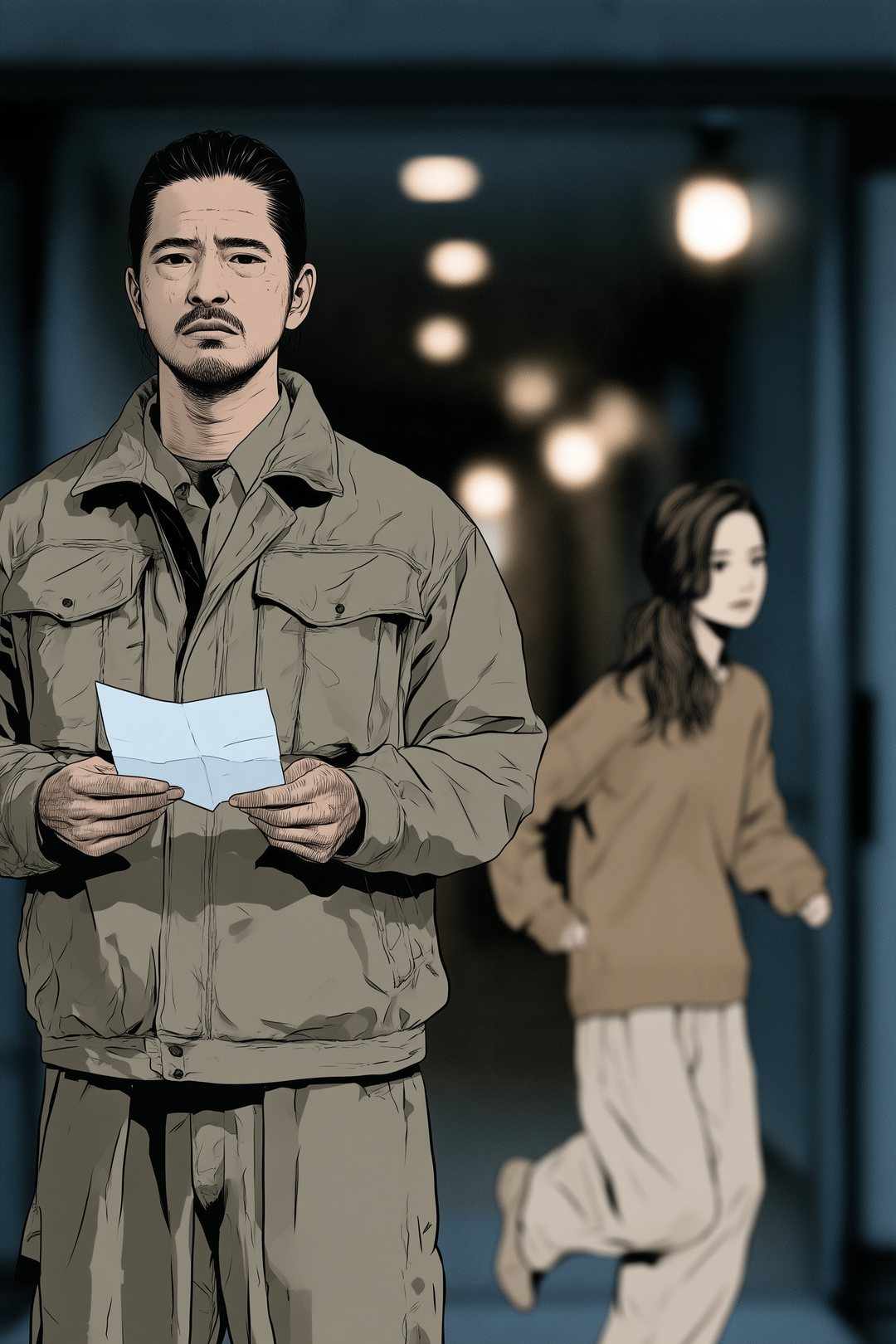 夜のアパートの玄関。開けた封筒の紙を持って立ち尽くす背の高い男性。後ろから小柄な女性が駆け寄る。