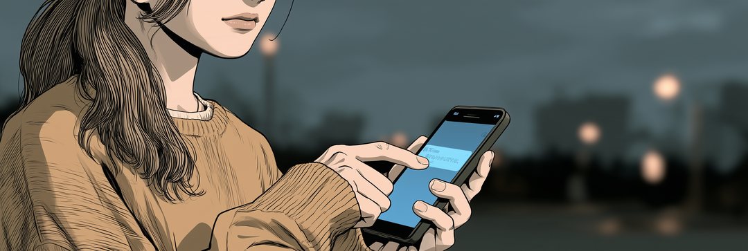スマホを持つ小柄な女性の親指の寄り。画面の上に、知らせの帯が光る。帯の字は読めない。