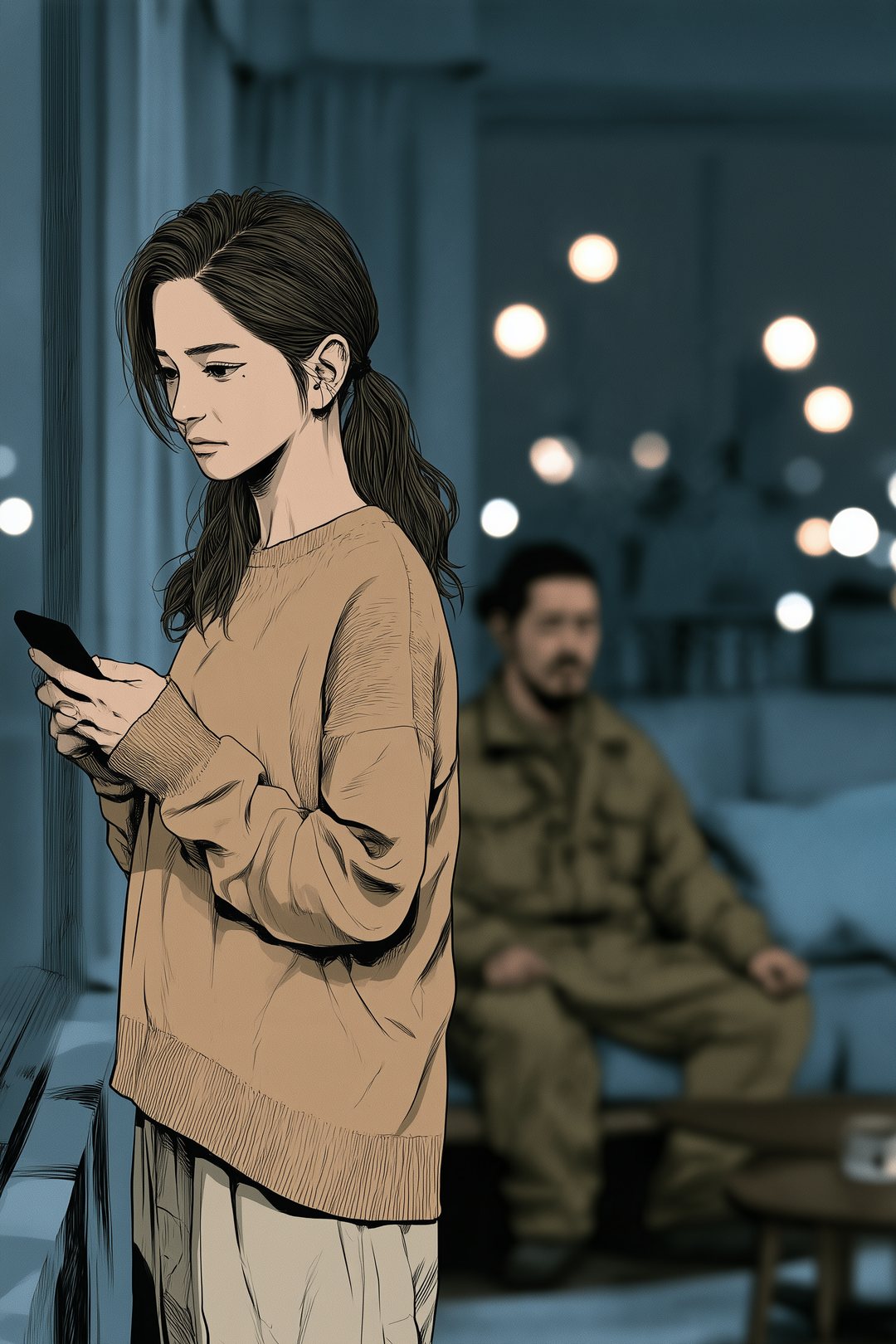 夜の部屋。窓の前でスマホを見つめて動きが止まる小柄な女性。ソファの背の高い男性がぼける。