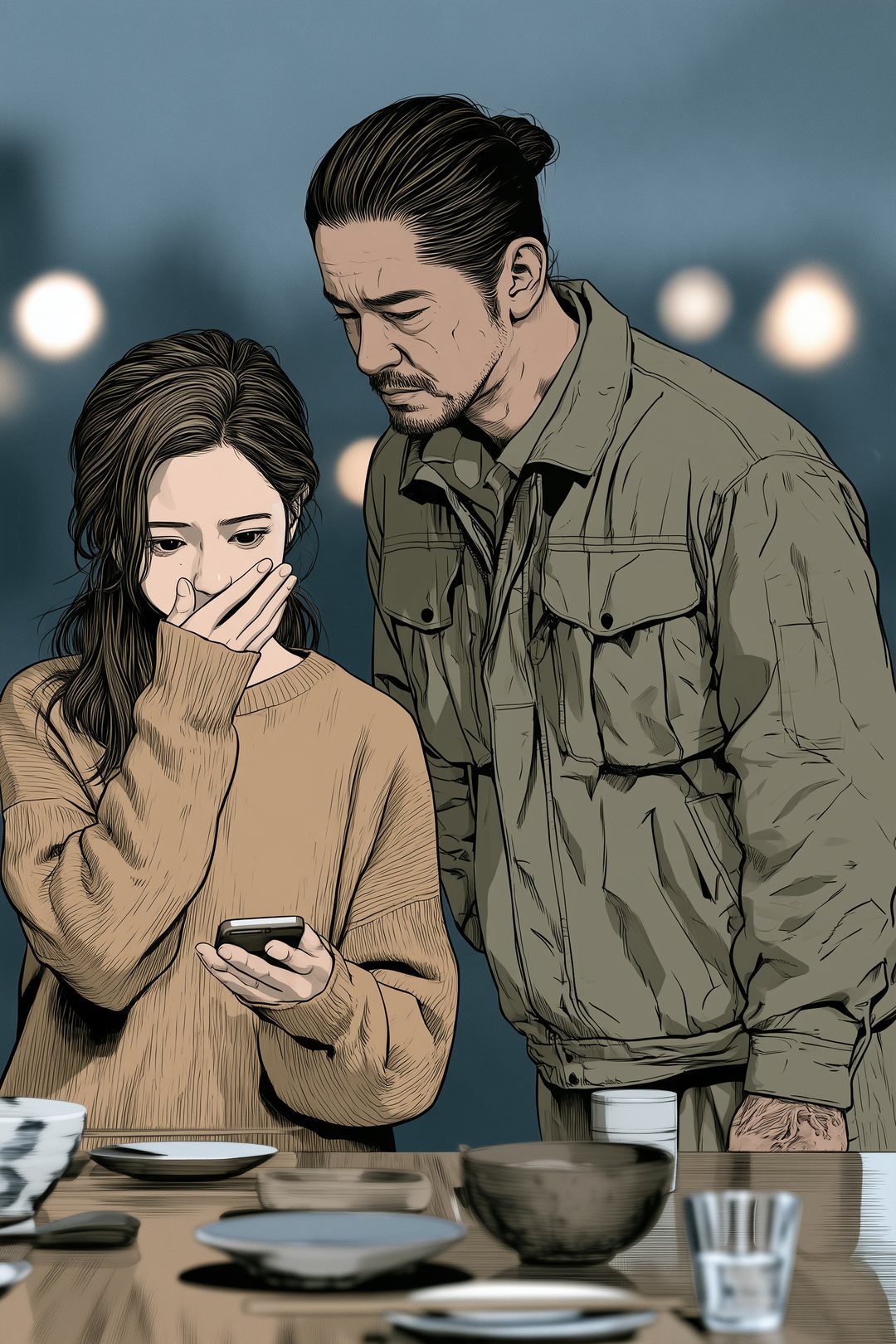 朝のアパートの食卓。スマホの画面を見て口に手を当てる小柄な女性。横から背の高い男性がのぞき込む。