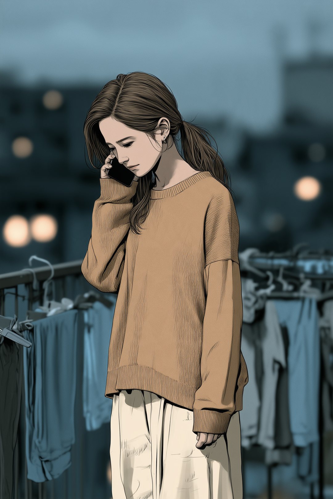 アパートの小さなベランダ。洗濯物の間で、スマホを耳に当てて何度も頭を下げる小柄な女性。