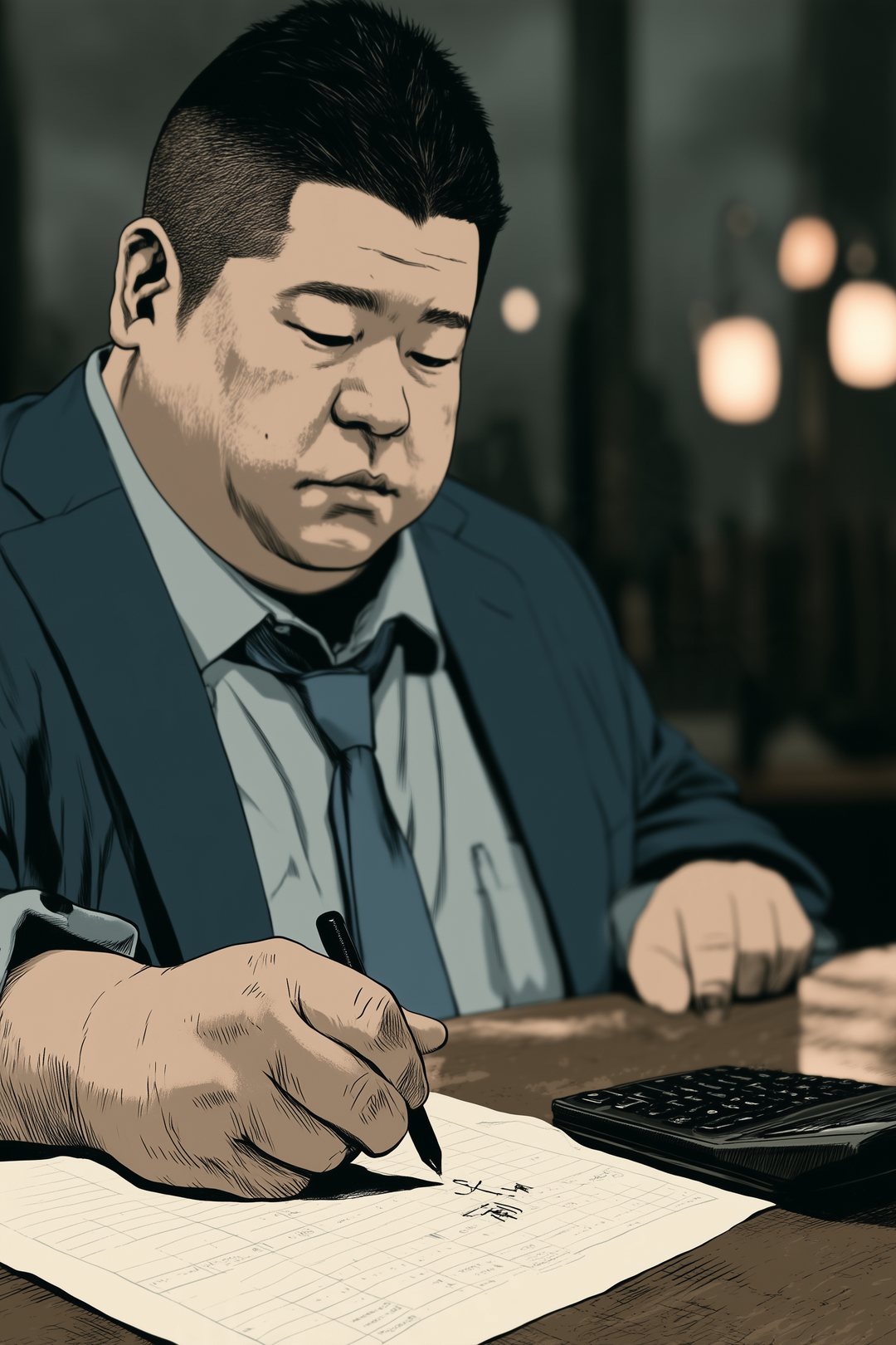 机の上に置いた電卓と、紙の表を指でたどる丸顔の男性の手。紙の字は読めない線。