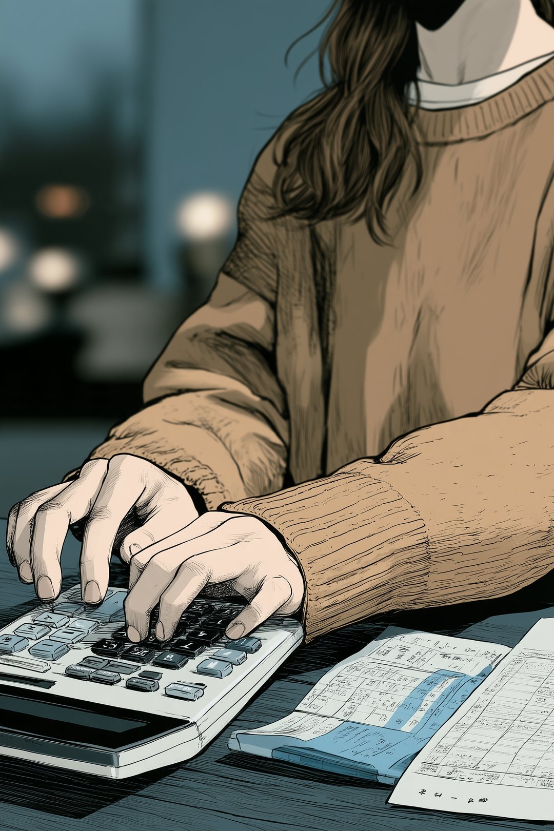 電卓を打つ小柄な女性の手の寄り。隣に通帳と、給料の明細の紙。字は読めない線。