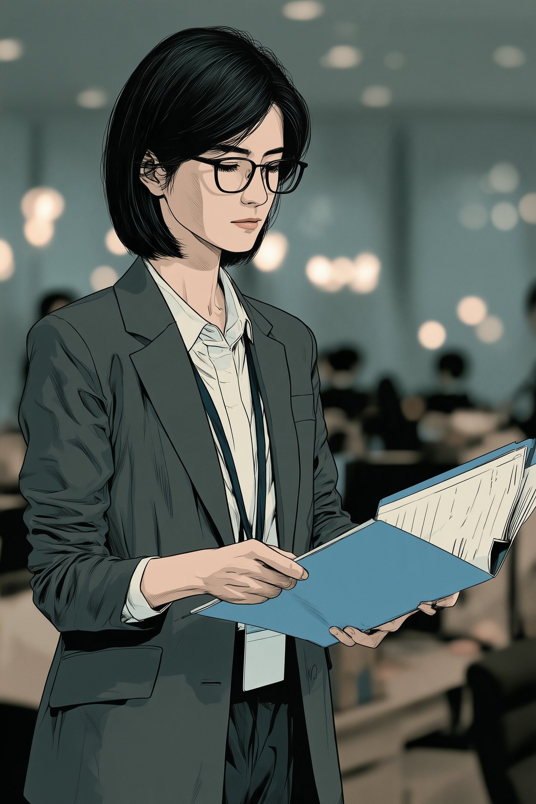 昼の審査部。机に回ってきた青い挟みの書類を開き、手を止める眼鏡の女性。