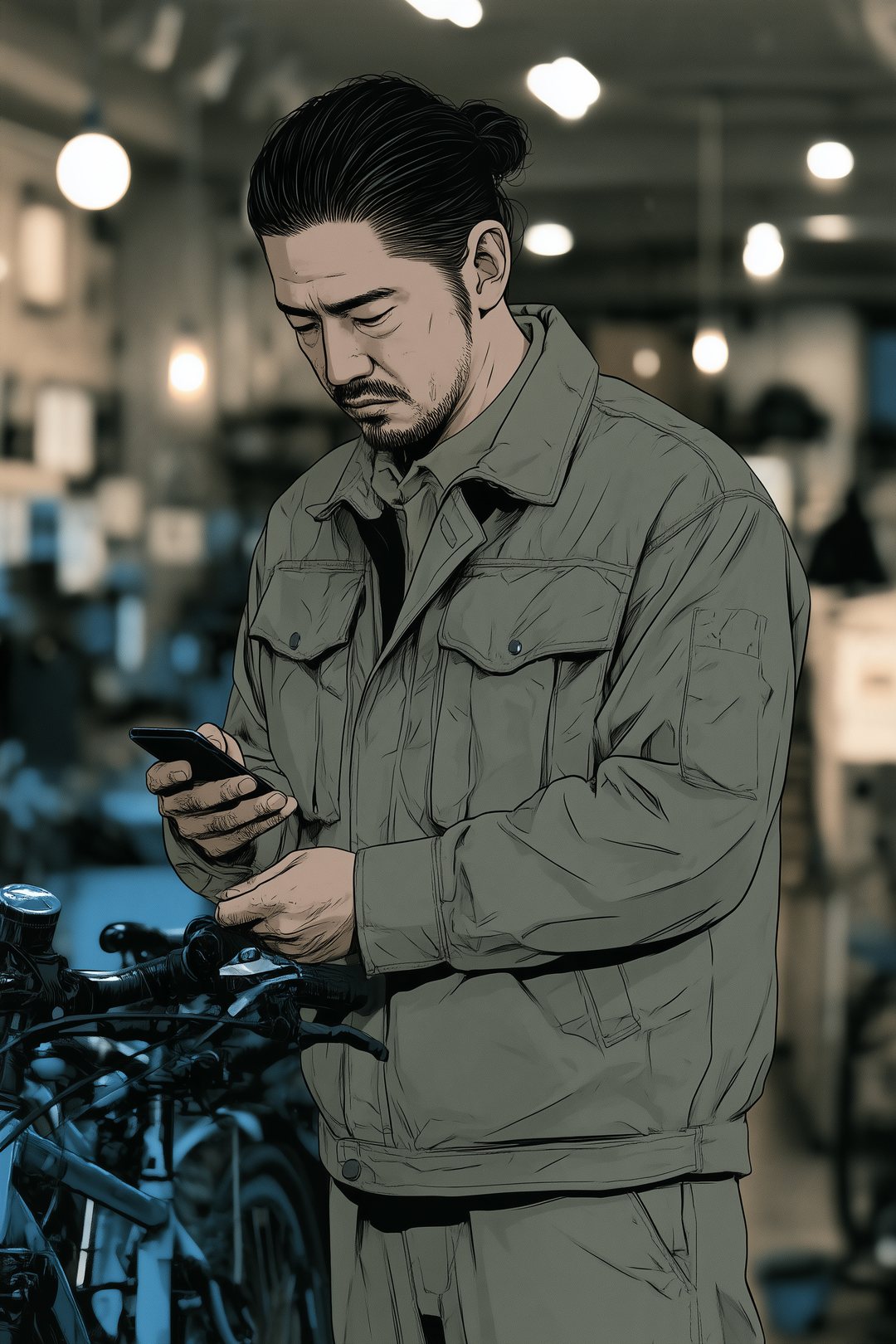 同じ昼の自転車店の作業場。修理の手を止め、スマホの申込みの受付の知らせを見る背の高いひげの男性。