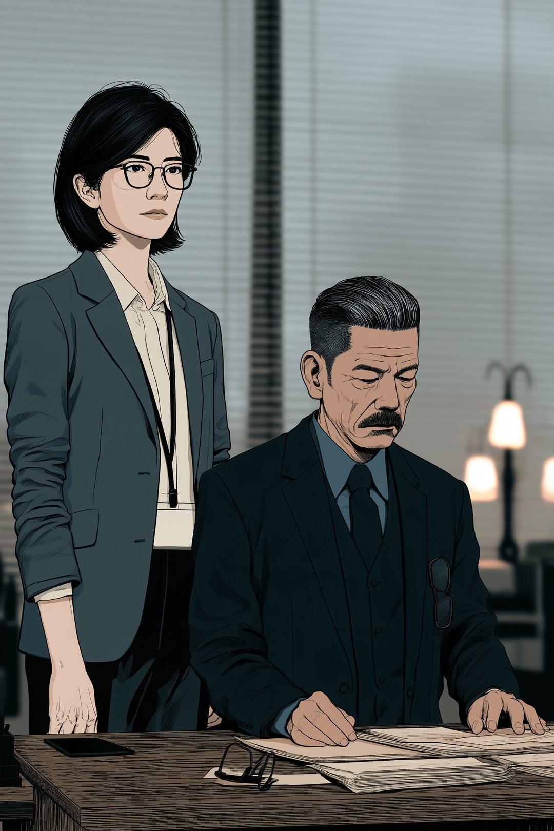 次長の机の横に立つ審査役の女性と、書類から目を上げずに話す次長。窓とブラインドを背にした正面の構図。
