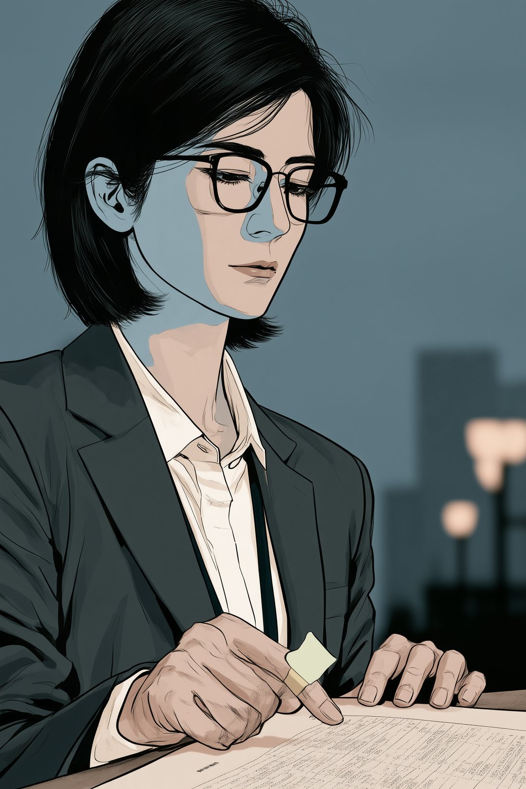 机の上で、書類の数字の欄を指でたどる眼鏡の女性の手の寄り。若苗色の付箋が指に一枚。