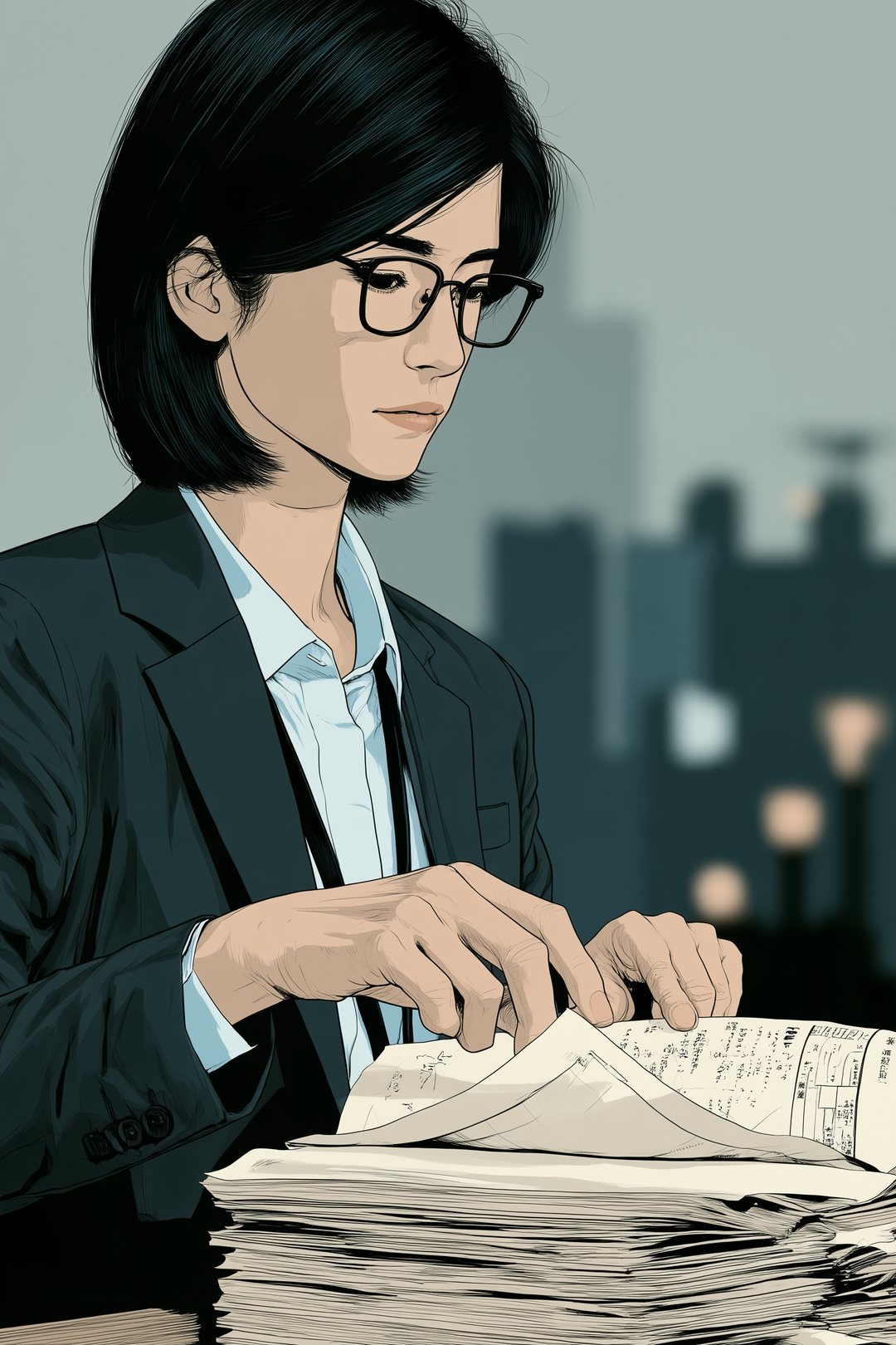 書類の束の下の方の一枚、健康の欄のある紙を、眼鏡の女性の指がめくる瞬間。紙の字は読めない線。