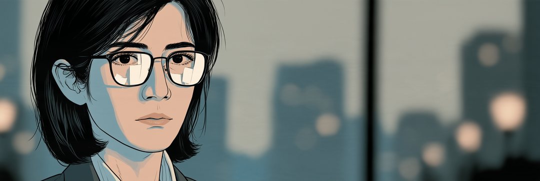 眼鏡の奥の審査役の女性の目の細い寄り。レンズに書類の白が映る。