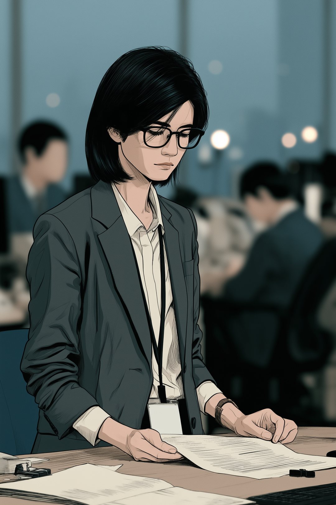 午後の審査部。机の上の一枚の紙を見つめて、動きを止める眼鏡の女性。周りの机の同僚はぼける。