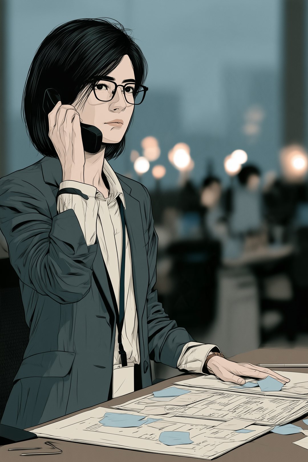 朝の審査部。机に付箋の付いた稟議書を広げ、受話器を取る眼鏡の女性。