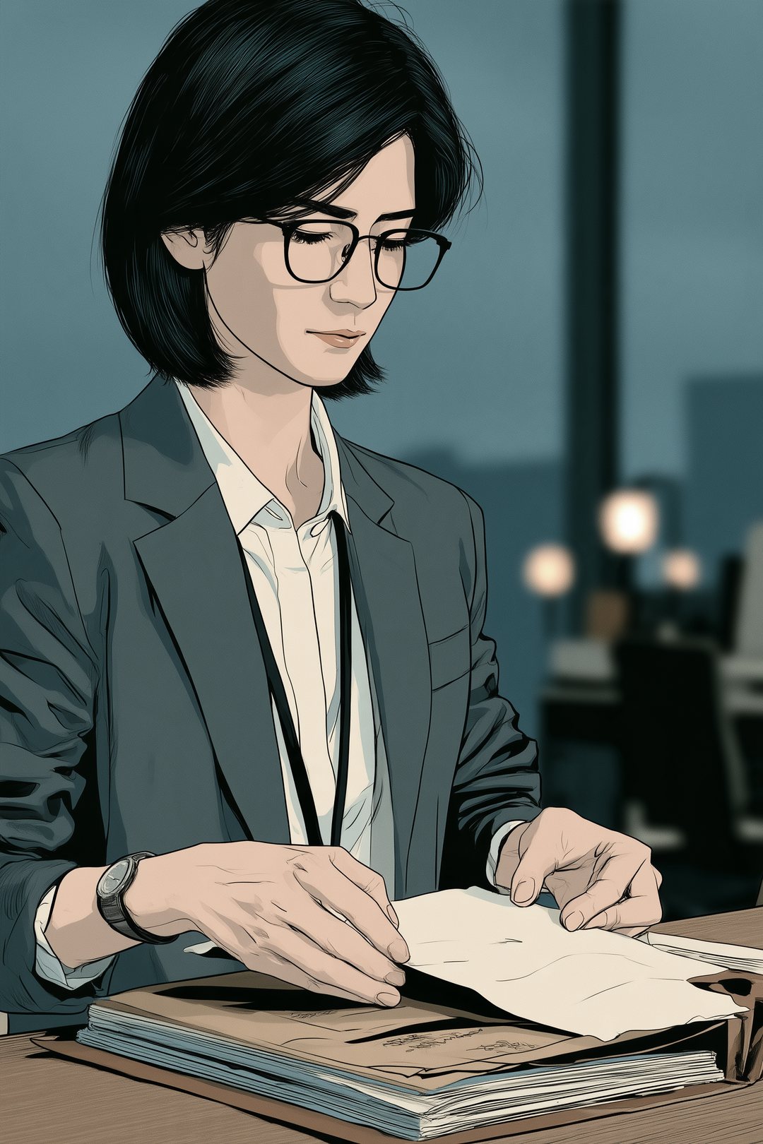 審査部の机。保険の会社からの回答の紙を、書類の挟みに綴じる眼鏡の女性の手。紙の字は読めない線。