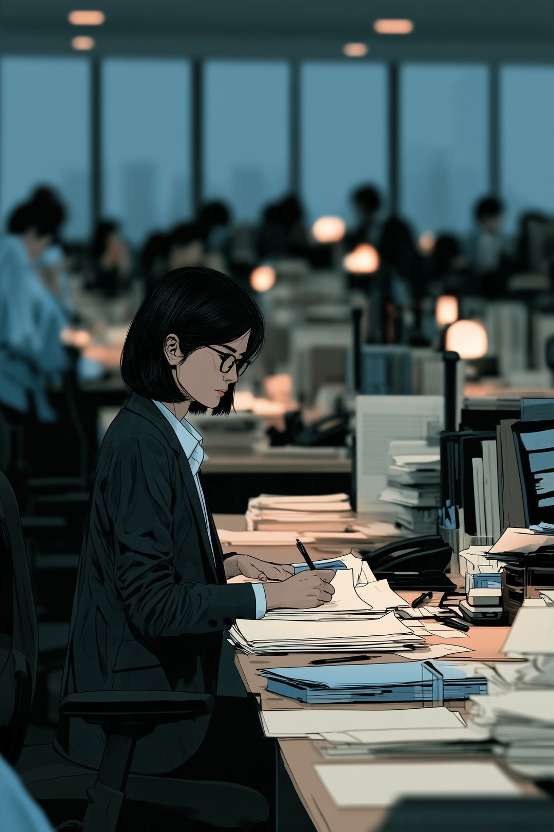 午後の審査部を高い窓の側から見下ろす。机の列と、真ん中の一つの席で書類に向かう眼鏡の女性。
