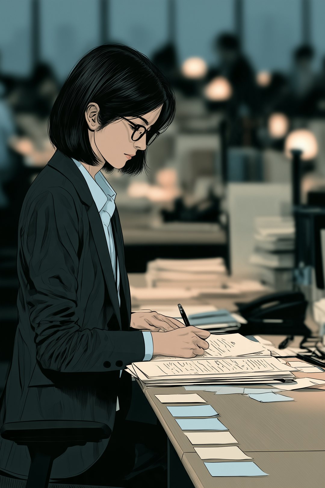 同じ席の寄り。ペンを持ち、所見の欄に一行ずつ書いていく眼鏡の女性。机の端に付箋が何枚も並ぶ。