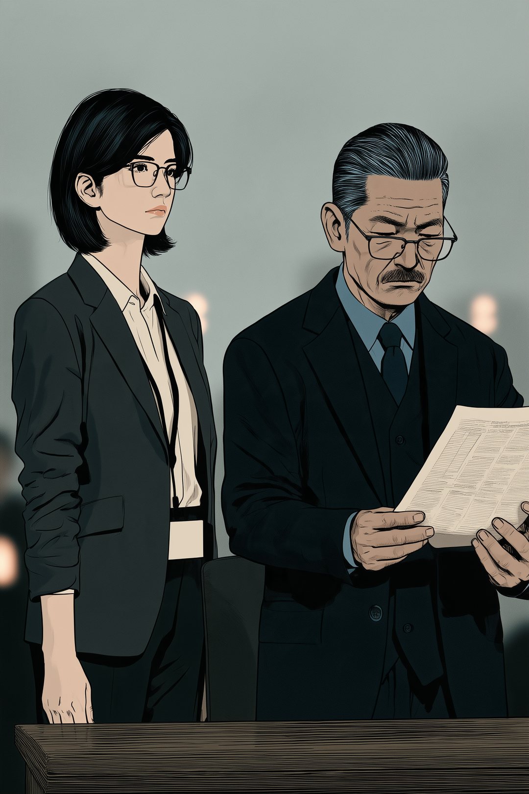 夕方の次長の机。老眼鏡をかけて稟議書を読む次長と、机の前に立って待つ審査役の女性。正面の左右対称の構図。