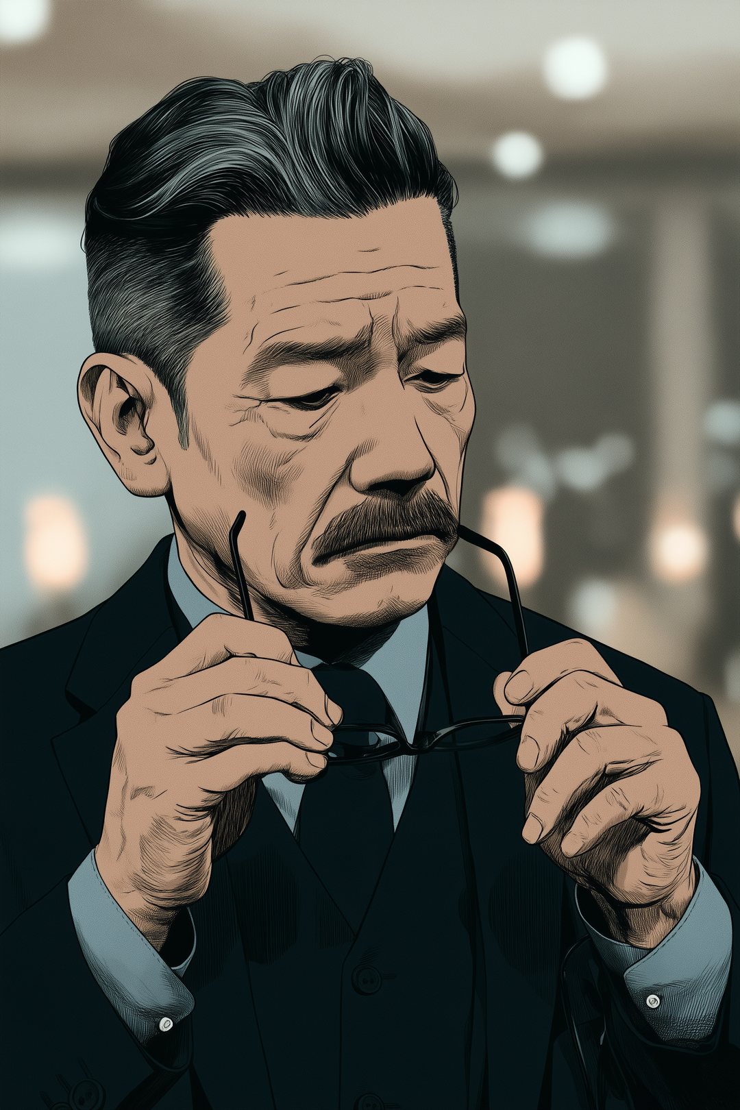 次長の顔の寄り。老眼鏡を外して、指にはさむ。口ひげの下で、口の端がわずかに動く。