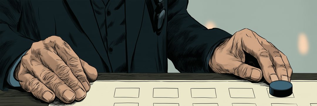 稟議書の上の、小さな四角い枠の並びの寄り。墨青の丸い印が、一番右の枠に押されたところ。