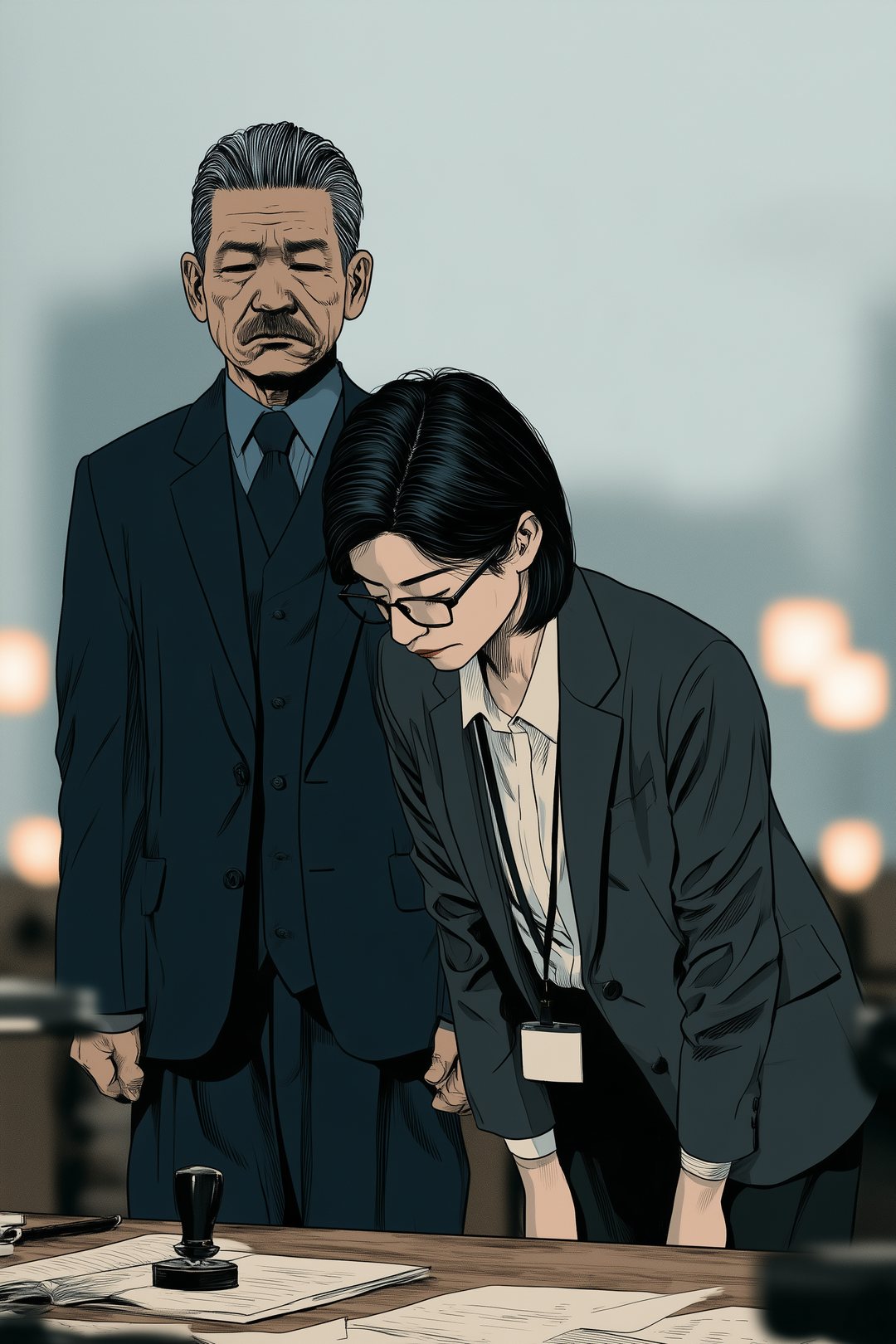 夕方の次長の机。印を押し終えた次長と、深く頭を下げる審査役の女性。