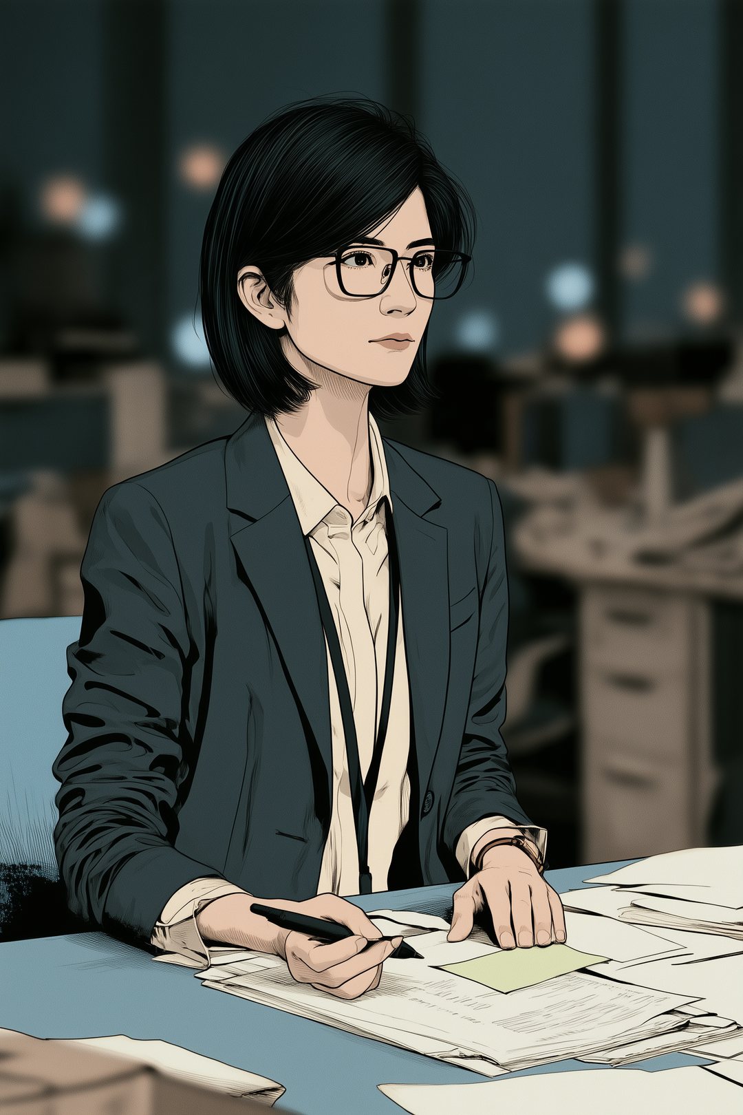 夜の審査部。誰もいない机の列の、真ん中の一つの席。眼鏡の女性が、書類の控えの一番上に若苗色の付箋を一枚貼り、ペンを置く。