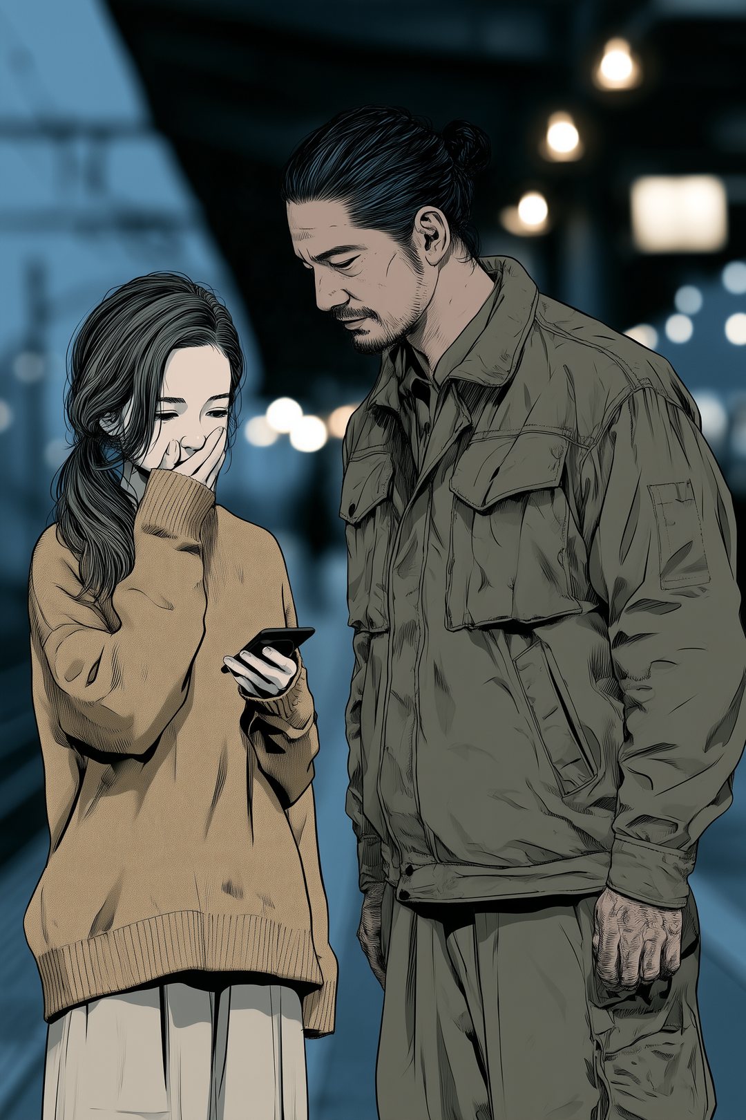 夜の駅のホーム。並んで立つ夫婦。小柄な妻がスマホの画面を見て口に手を当て、背の高い夫がのぞき込む。