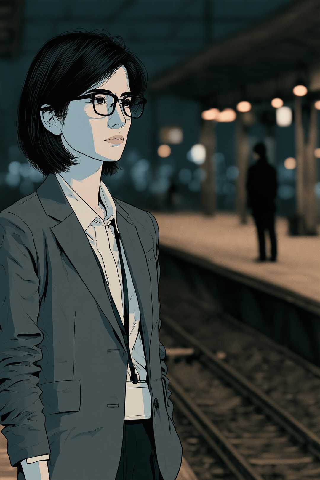 線路の向こうのホーム。帰りの電車を待つ背の高い眼鏡の女性の小さな後ろ姿。夫婦の側からは顔の分からない、ぼけた人影。