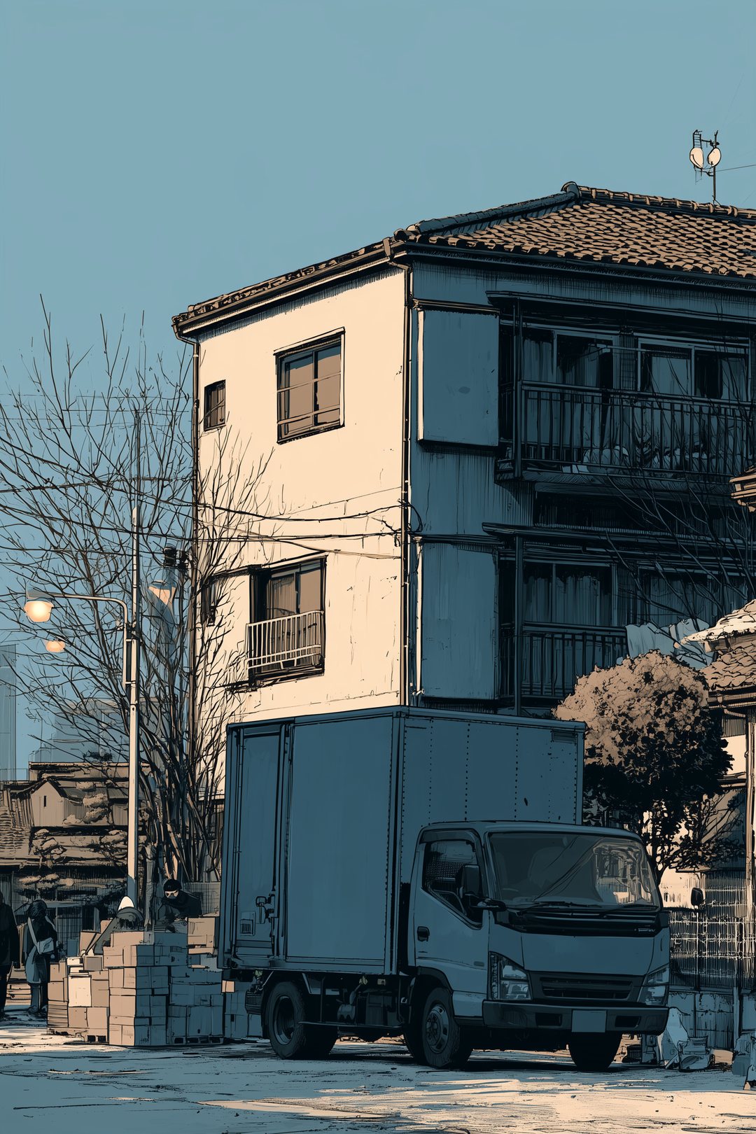 冬の昼の住宅街。小学校の近くの中古マンションの前に、引越しのトラック。段ボールを運ぶ人たちが小さく見える。