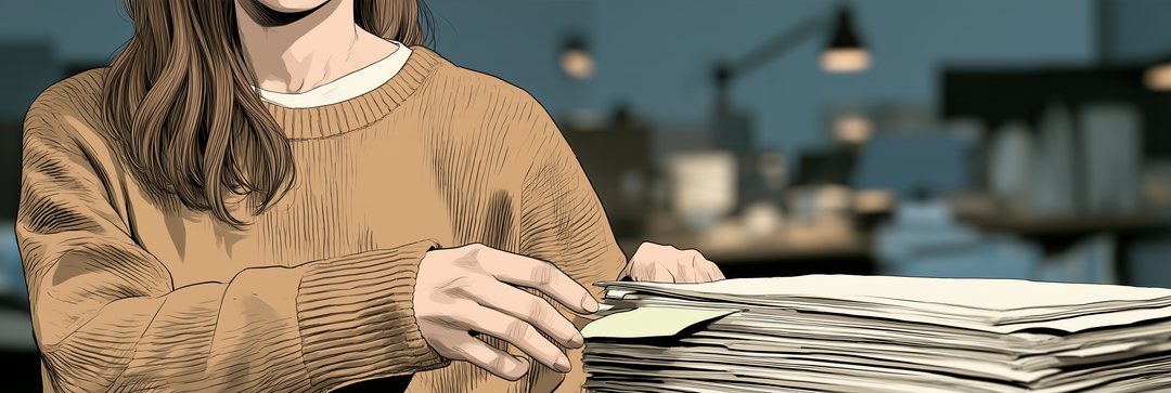 書類の束の端から、若苗色の付箋が一枚のぞく細い寄り。