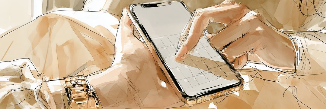 細い横の帯の寄り。スマホの画面に指を当てて、予約の表を読み直す手。画面は字の無いますめだけ。