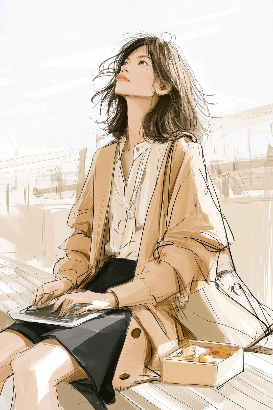 屋上のベンチで、膝の上のスマホに手を置いたまま空を見上げ、ため息をつく20代の女性。横に食べかけのお弁当。