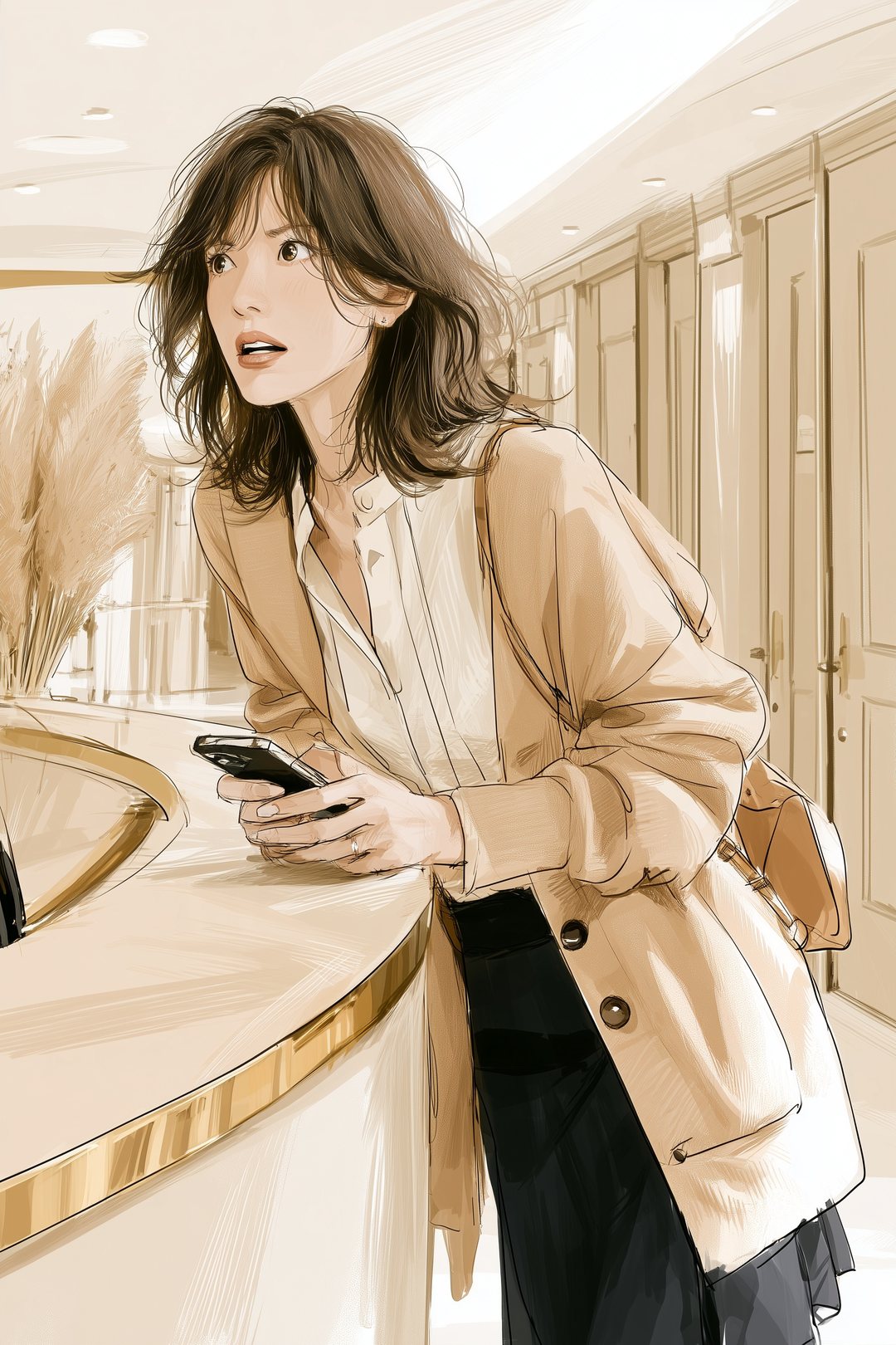 ベージュと金色の内装のサロンの受付。カウンターの前に立ち、スマホを握ったまま身を乗り出す20代の女性。