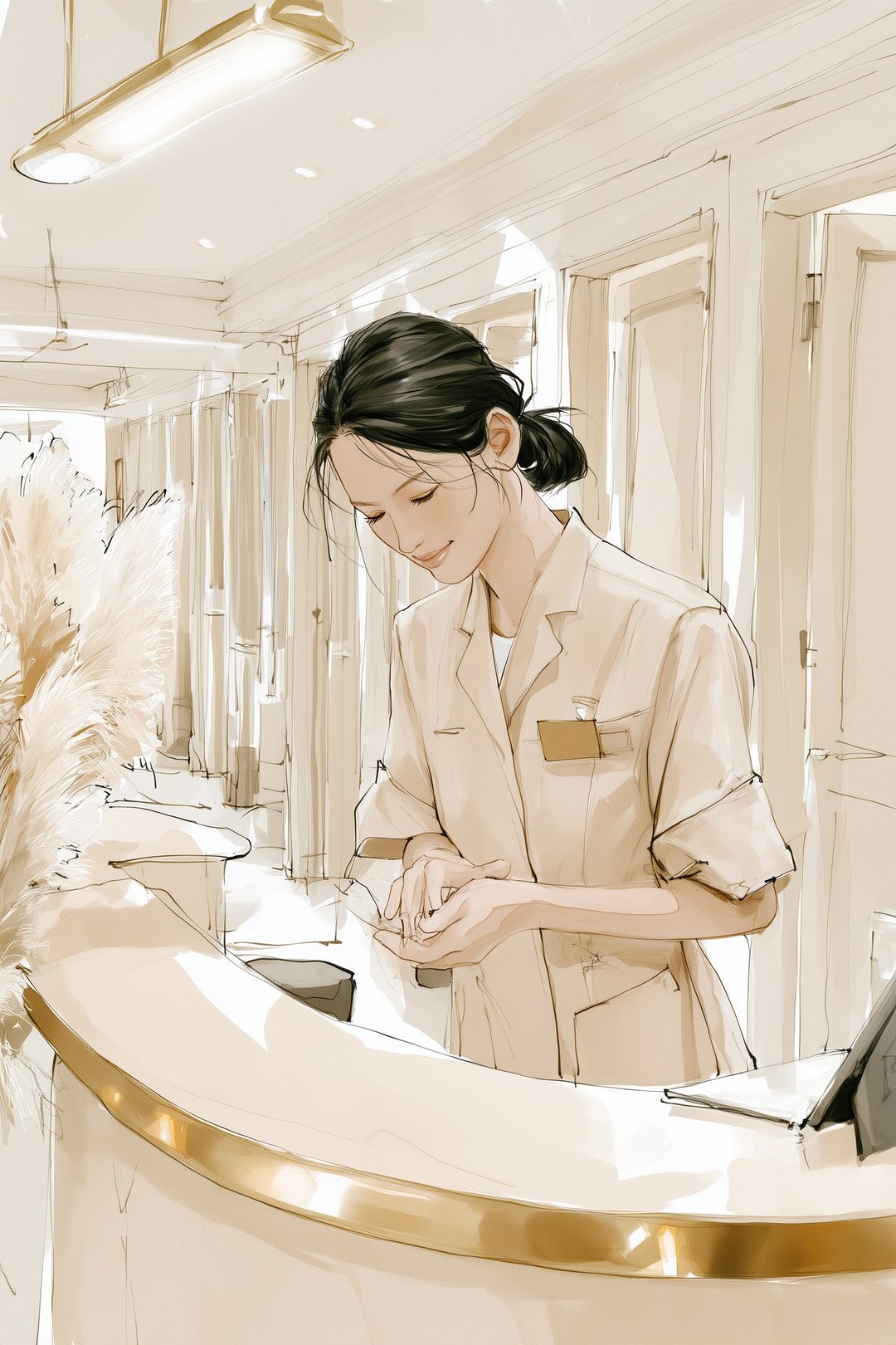 受付のカウンターの内側で、両手を前にそろえて小さく頭を下げる30代の女性の店長。後ろに、扉の閉まった施術の部屋の廊下。