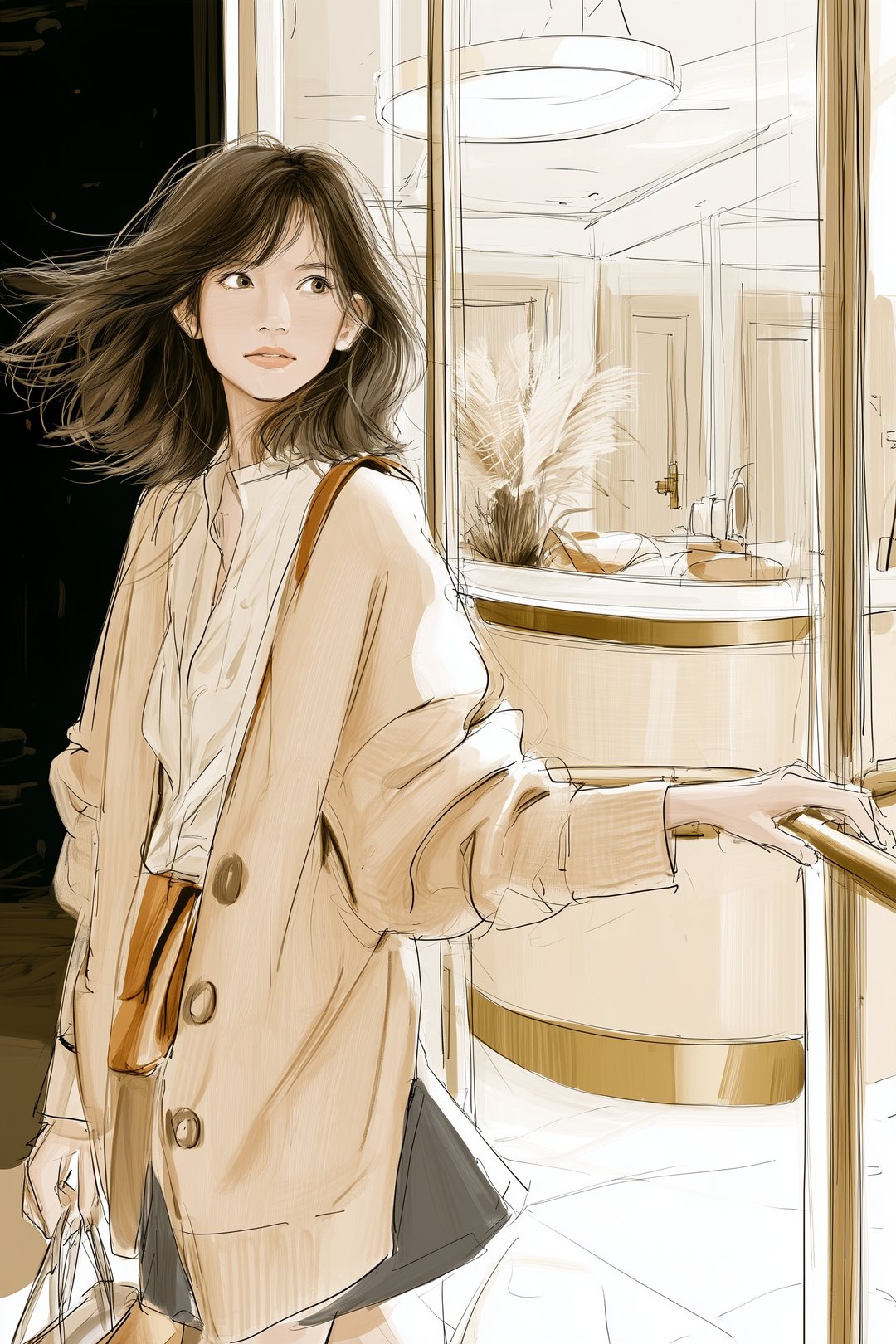 夜、サロンのガラスの扉を押して外へ出ながら、振り返って店の中を見る20代の女性。ガラスに金色の店内の明かりが映っている。