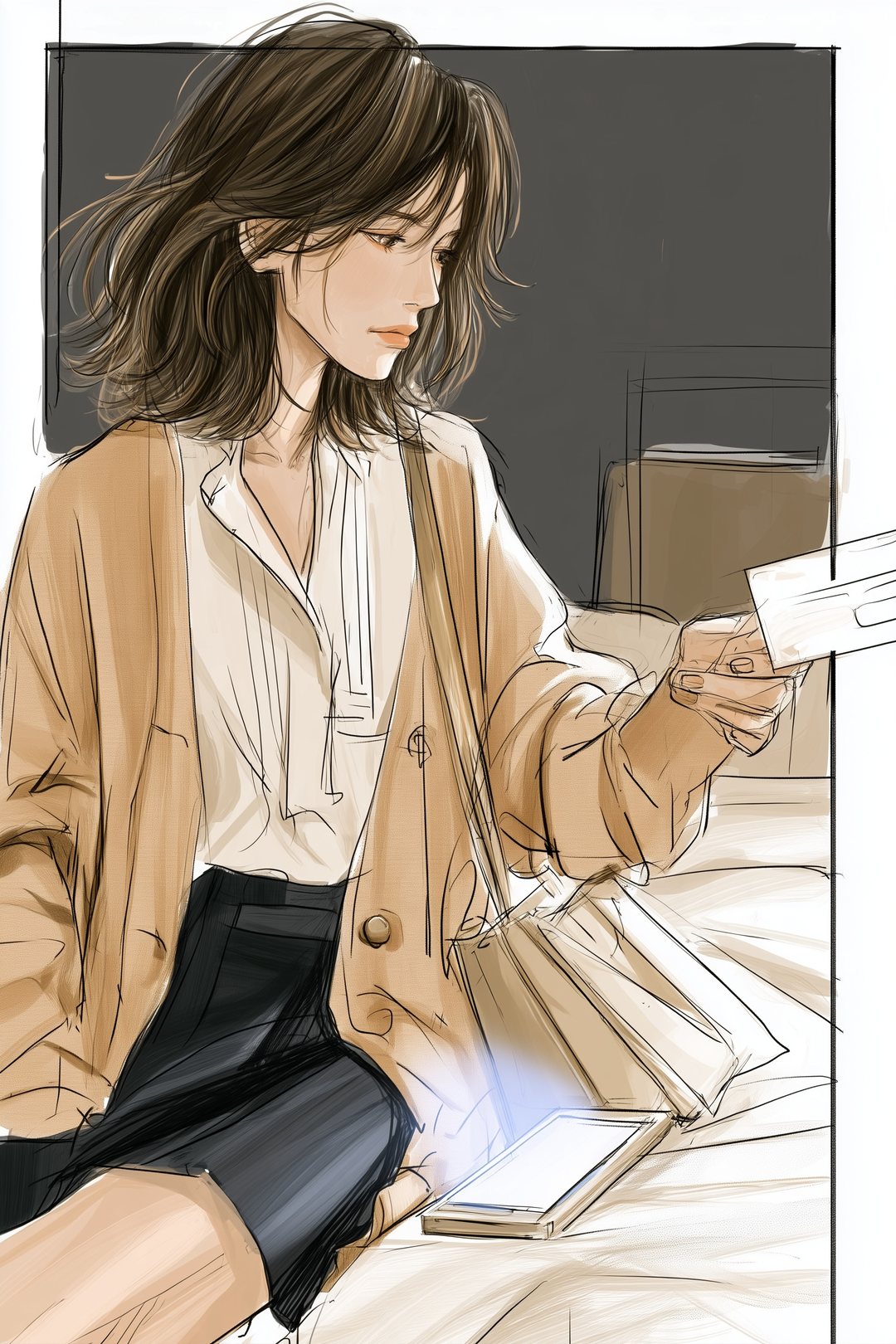 夜の1人暮らしの部屋。ベッドに腰かけた20代の女性が、会員のカードを指でつまんで見つめている。カードが、絵の枠の右の線を越えて手前へはみ出している(カードに字は無い)。
