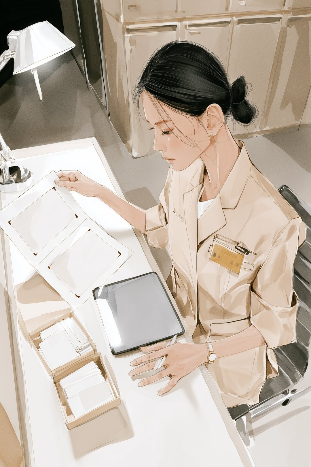 スタッフの裏の部屋。小さな机で、印刷した予約の枠の表と、タブレットを見比べる30代の女性の店長。机の端に、会員のカードを入れた箱。