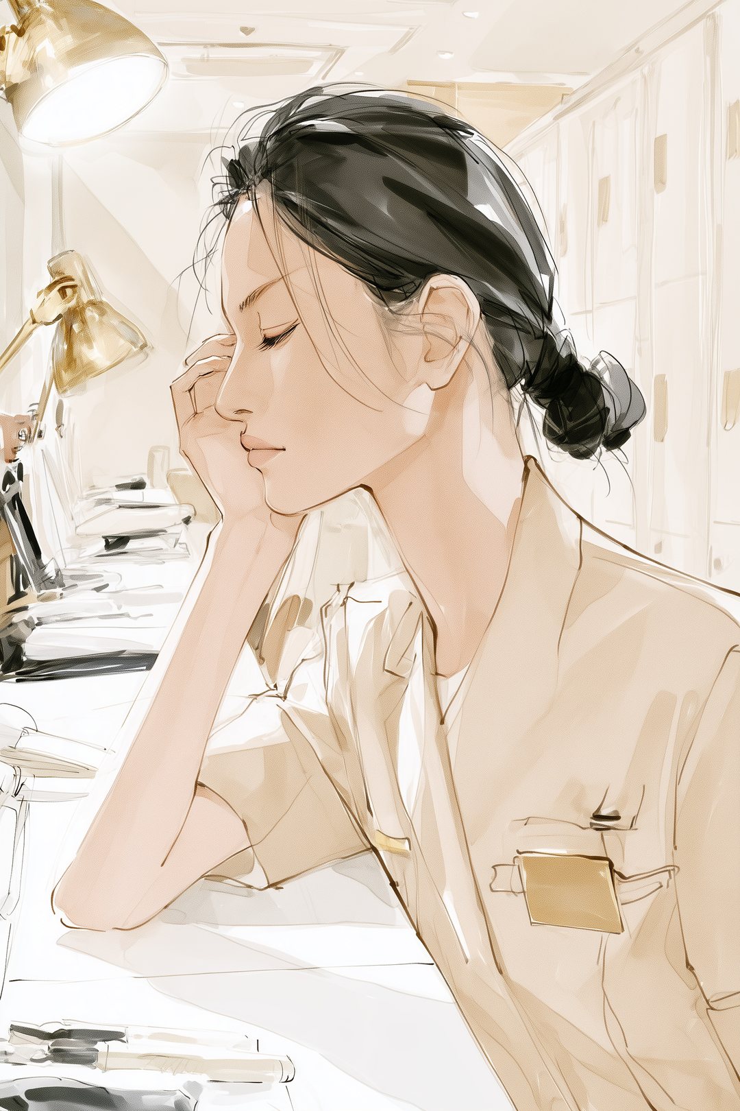 机にひじをついて、こめかみを押さえる30代の女性の店長の寄り。