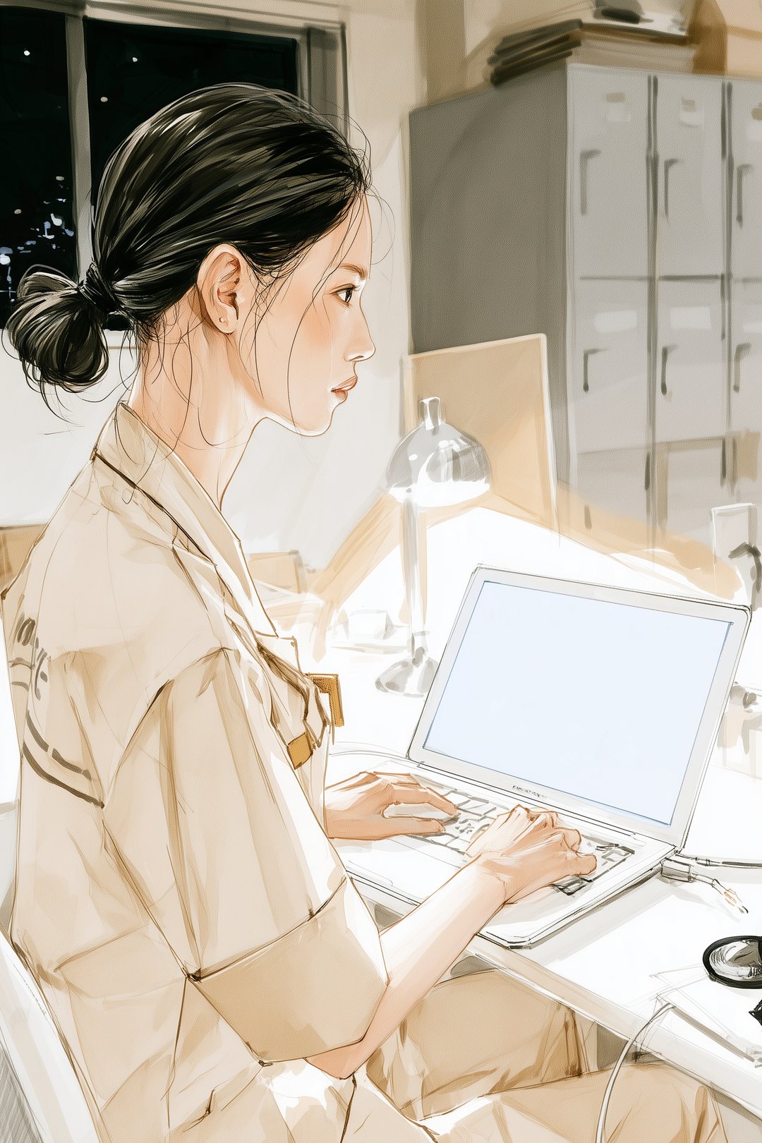 夜の裏の部屋。ノートパソコンの画面に向かって座る30代の女性の店長。画面の光が顔を照らす。