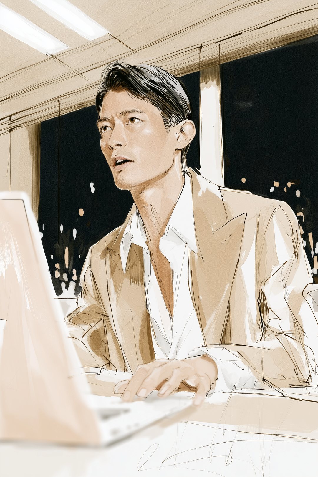 夜の本部の会議室。暗い窓の前で、ノートパソコンに手を置き、画面の向こうへ話しかける40代の男性。
