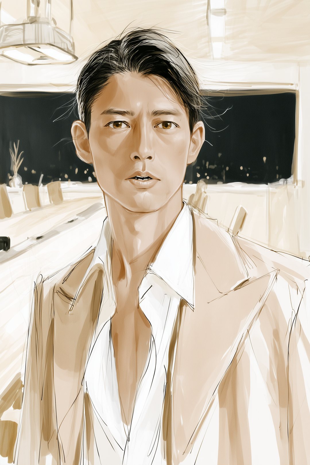 本部の会議室。カメラをまっすぐ見て、静かに話す40代の男性の寄り。