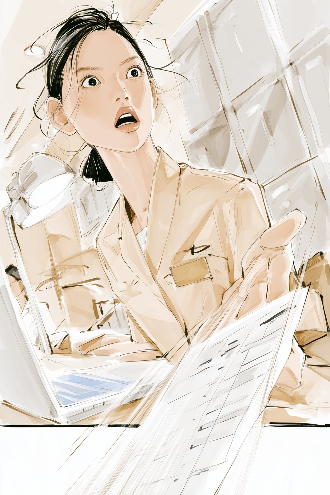 裏の部屋。ノートパソコンの前で固まる30代の女性の店長の手から、印刷した予約の枠の表がすべり落ちる。紙が、絵の枠の下の線を越えて手前へ落ちていく。