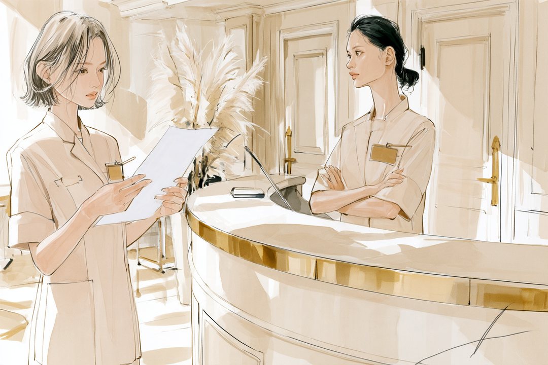 開店前のサロンの受付。左で、20代前半の新人のスタッフが、印刷した紙を両手で持って読み上げる。右で、カウンターの内側の30代の店長が腕を組んで聞く。朝の白い光。