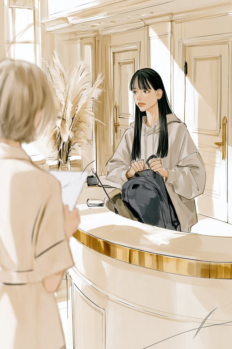受付の丸いカウンター。手前の左に、紙を持った新人のスタッフの後ろ姿。カウンターの向こうに19歳の女子大学生が座り、紺のリュックの持ち手を両手で握って、緊張した顔で前を見る。